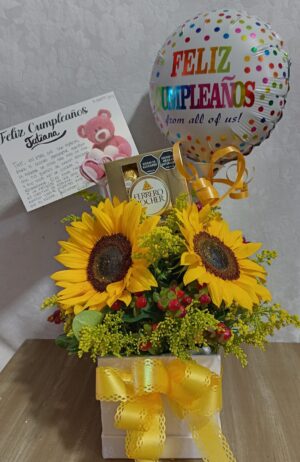 Arreglo girasoles, ferrero y globo R15