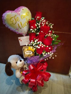 Jarron 12 rosas, peluche, chocolates y globo R36