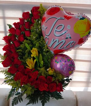 Arreglo por 30 rosas, lirios y globos R44