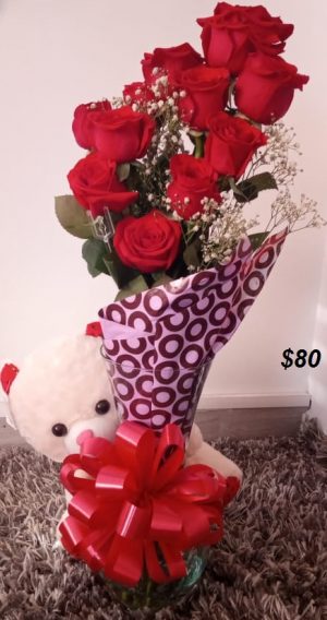Florero peluche y 12 rosas R28